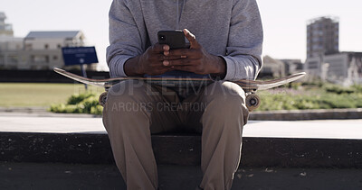 Buy stock photo City, skateboarder and hands with smartphone, online and communication with contact, texting or web. Outdoor, skater and person with tech for chat, break and networking on social media and mobile