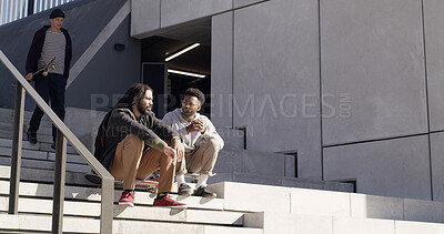 Buy stock photo Skater friends, talking and men in city for chatting, bonding and relax for conversation. Outdoor park, stairs and people with skateboard for practice, skating hobby and training together in town