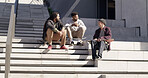 Skateboard, friends and smile with men in city for conversation, chat or story on steps. Skaters, sports and outdoor together for hobby, hangout and group relax on stairs with streetwear for fashion