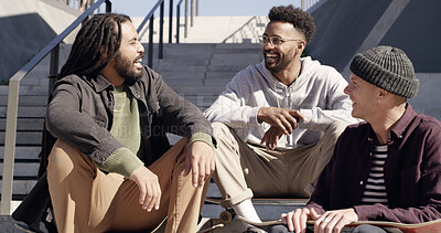 Buy stock photo Skateboard, friends and laugh with men in city for conversation, relax or story on steps. Skaters, sports and outdoor together for funny joke, hangout and group on stairs with streetwear for fashion