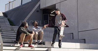 Buy stock photo Skater friends, city and men in park for greeting, bonding and handshake for conversation. Outdoor, hello and people on stairs with skateboard for activity, skating hobby and training together