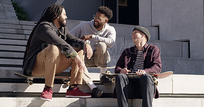 Buy stock photo Skateboard, friends and talking with laughing on stairs for funny chat, skating break and bonding. Relax, skater group and men with comic conversation outdoor for practice, sports discussion or happy