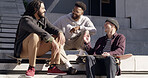 Skateboard, friends and talking with relax on stairs for funny chat, skating break and laughing. Comic, skater group and men with conversation outdoor for practice, training joke and workout support