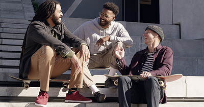 Buy stock photo Skateboard, friends and talking with relax on stairs for funny chat, skating break and laughing. Comic, skater group and men with conversation outdoor for practice, training joke and workout support