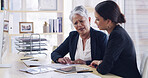 Old woman, meeting and lawyer with document in office for planning, debt settlement and legal guidance. Senior person, attorney and paperwork on retirement fund, asset protection and will information
