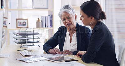 Buy stock photo Old woman, meeting and lawyer with document in office for planning, debt settlement and legal guidance. Senior person, attorney and paperwork on retirement fund, asset protection and will information