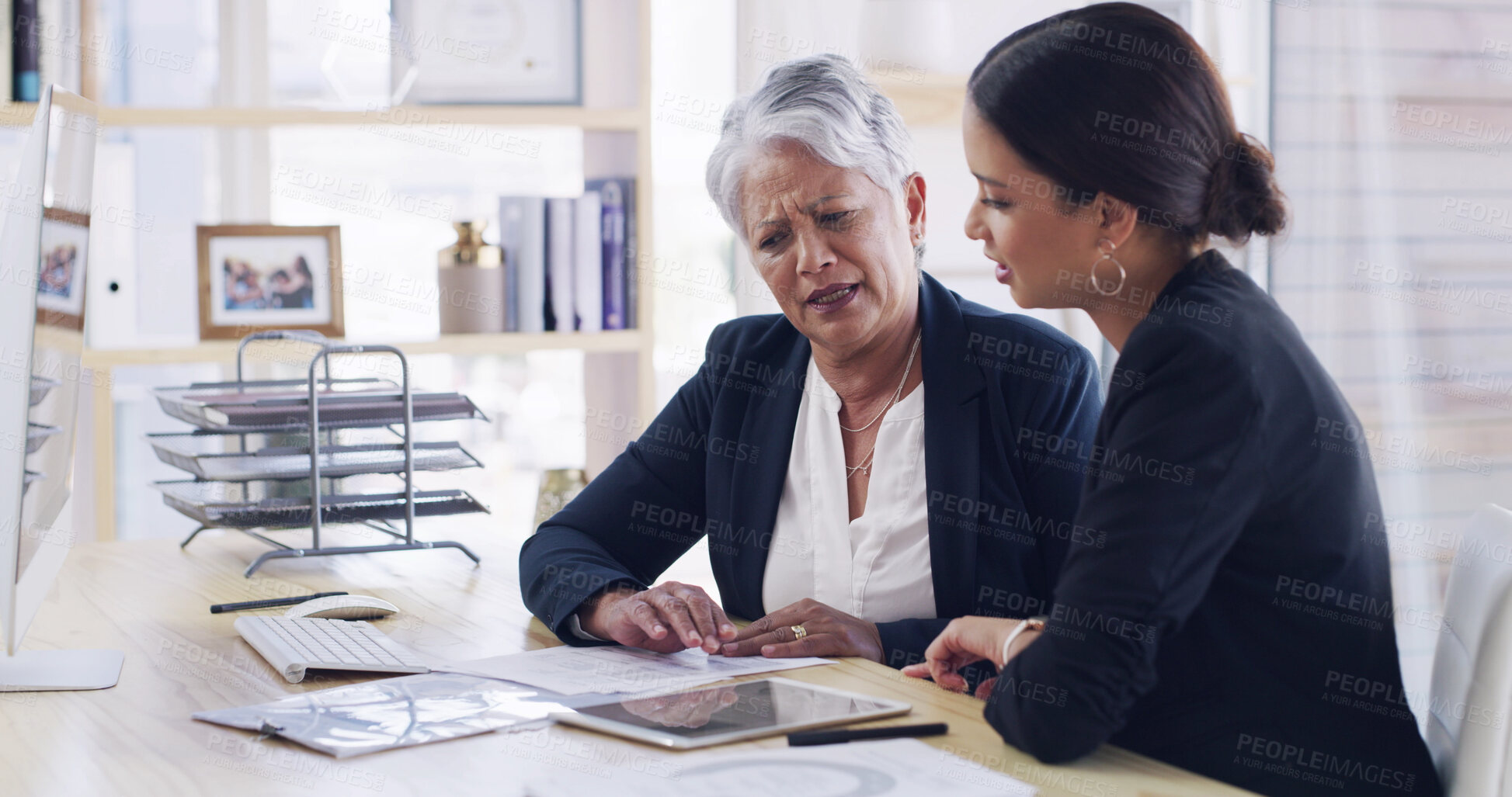 Buy stock photo Old woman, meeting and lawyer with document in office for planning, debt settlement and legal guidance. Senior person, attorney and paperwork on retirement fund, asset protection and will information