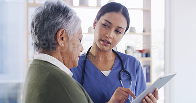 Buy stock photo Tablet, nurse and senior woman in home with healthcare report, results and wellness information. Retirement, elderly patient and talking to caregiver for medical update, diagnosis and homecare
