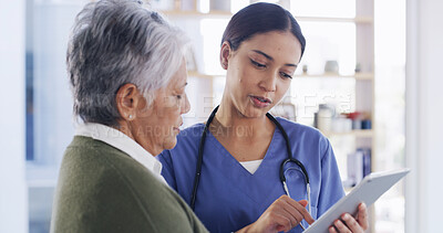 Buy stock photo Tablet, nursing home and senior woman with healthcare report, results and wellness information. Retirement, elderly patient and talking to caregiver for medical update, diagnosis and homecare