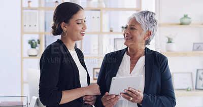 Buy stock photo Financial advisor, consulting and tablet with old woman in office for retirement fund, pension plan and advice. Social security bank, digital signature and asset management with people in notary firm