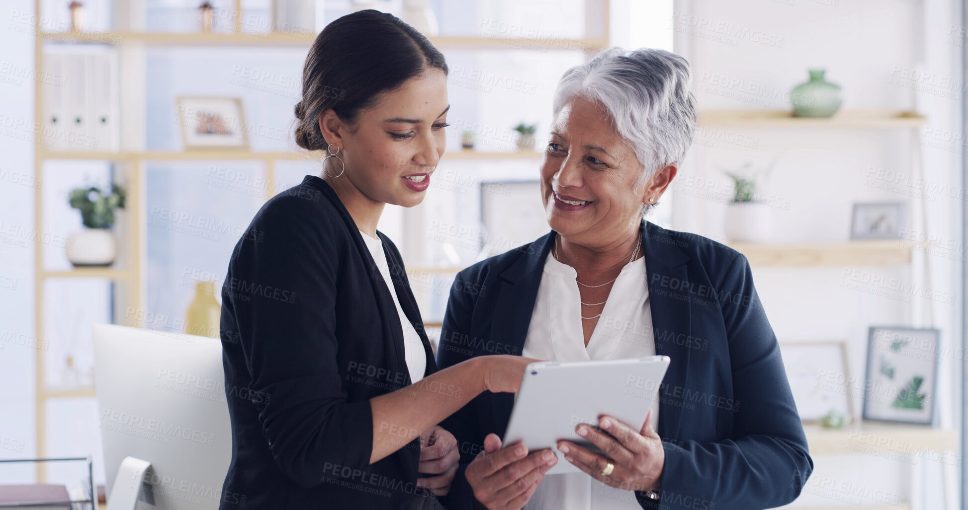 Buy stock photo Tablet, business women and team planning for finance, budget or mentor training intern. Technology, meeting and conversation with happy auditor in office for project approval, investment and coaching