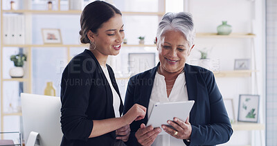 Buy stock photo Business, tablet and women in office, teamwork and financial agency with investment. Employees, planning and people in workplace, accounting and digital app with email, smile and internet for trading