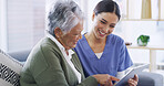 Tablet, happy nurse and senior woman in home with healthcare report, positive results and wellness. Retirement, caregiver and elderly patient with good news, medical update or diagnosis for homecare