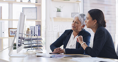 Buy stock photo Computer, business women and team discussion for accounting, budget or mentor training intern. Screen, meeting and planning with auditor in office for bookkeeping, investment review or coaching