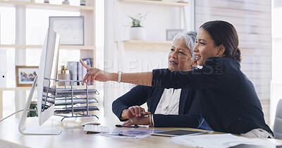 Buy stock photo Computer, business women and planning in meeting for accounting, budget or mentor training intern. Pointing, team or conversation with auditor in office for bookkeeping, investment review or coaching