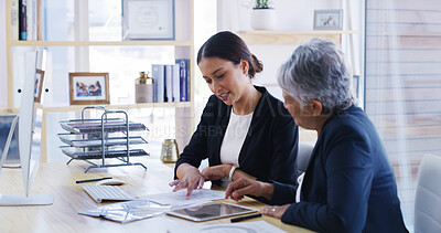 Buy stock photo Old woman, lawyer and reading document in office for planning, debt settlement and legal guidance. Senior person, attorney and paperwork for retirement fund, asset protection and pension information
