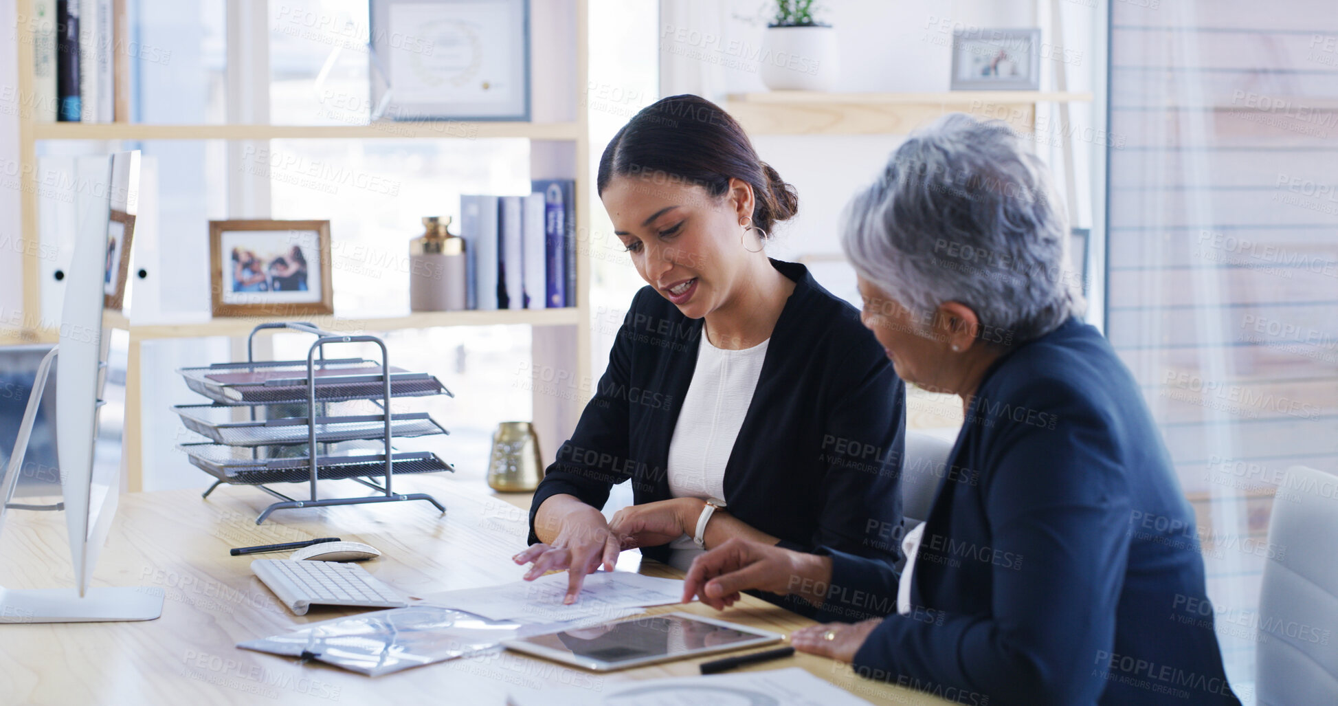 Buy stock photo Old woman, lawyer and reading document in office for planning, debt settlement and legal guidance. Senior person, attorney and paperwork for retirement fund, asset protection and pension information