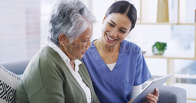 Buy stock photo Tablet, happy nurse and elderly woman in home with healthcare report, positive results and wellness. Retirement, caregiver and senior patient with good news, medical update or diagnosis for homecare