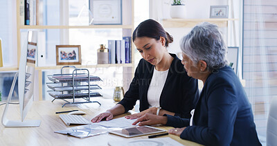 Buy stock photo Senior woman, attorney and reading document in office for planning, debt settlement and legal guidance. Elderly person, lawyer and paperwork for retirement fund, asset protection and will information