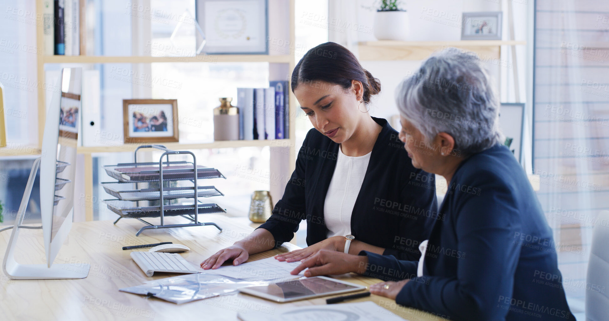 Buy stock photo Senior woman, attorney and reading document in office for planning, debt settlement and legal guidance. Elderly person, lawyer and paperwork for retirement fund, asset protection and will information