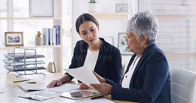Buy stock photo Elderly woman, attorney and reading document in office for planning, debt settlement and legal guidance. Senior person, lawyer and paperwork for retirement fund, asset protection and will information