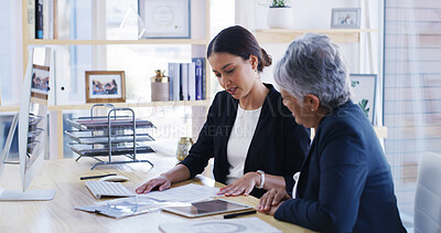 Buy stock photo Women, team and tablet at office, discussion and documents with proposal at company. Business people, planning and tech with application for feedback, mentorship and advice at investment agency