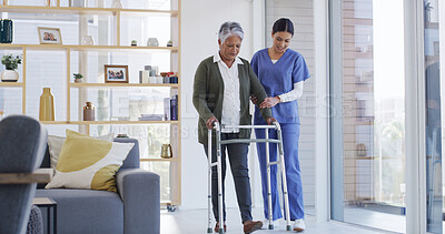 Buy stock photo Walker, helping and nurse with senior woman for support, rehabilitation or physical therapy in house. Mobility aid, healthcare and caregiver with elderly female person with disability in nursing home