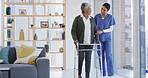 Women, nurse and senior patient with walker for muscle recovery, physiotherapy or rehabilitation. Female people, caregiver and helping elderly person with a disability for assisted living or mobility