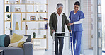 Happy women, nurse and senior patient with walker for recovery, physiotherapy or rehabilitation. Female people, caregiver and helping elderly person with a disability for assisted living or mobility