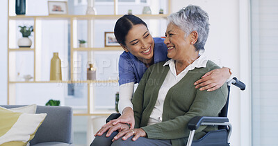 Buy stock photo Happy, caregiver and old woman in wheelchair at house for assistance, medical advice and homecare. Smile, nurse and senior person with disability of support, healthcare trust and patient consultation