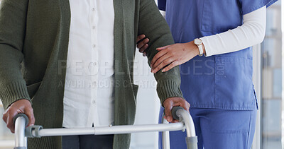 Buy stock photo Nurse, hands and elderly patient with walker for recovery, physiotherapy or rehabilitation clinic. People, caregiver and helping senior person with a disability for aid, assisted living or mobility