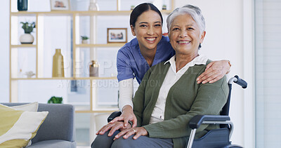 Buy stock photo Portrait, caregiver and old woman in wheelchair at house for assistance, medical advice and homecare. Happy, nurse and senior person with disability of support, healthcare services and wellness trust