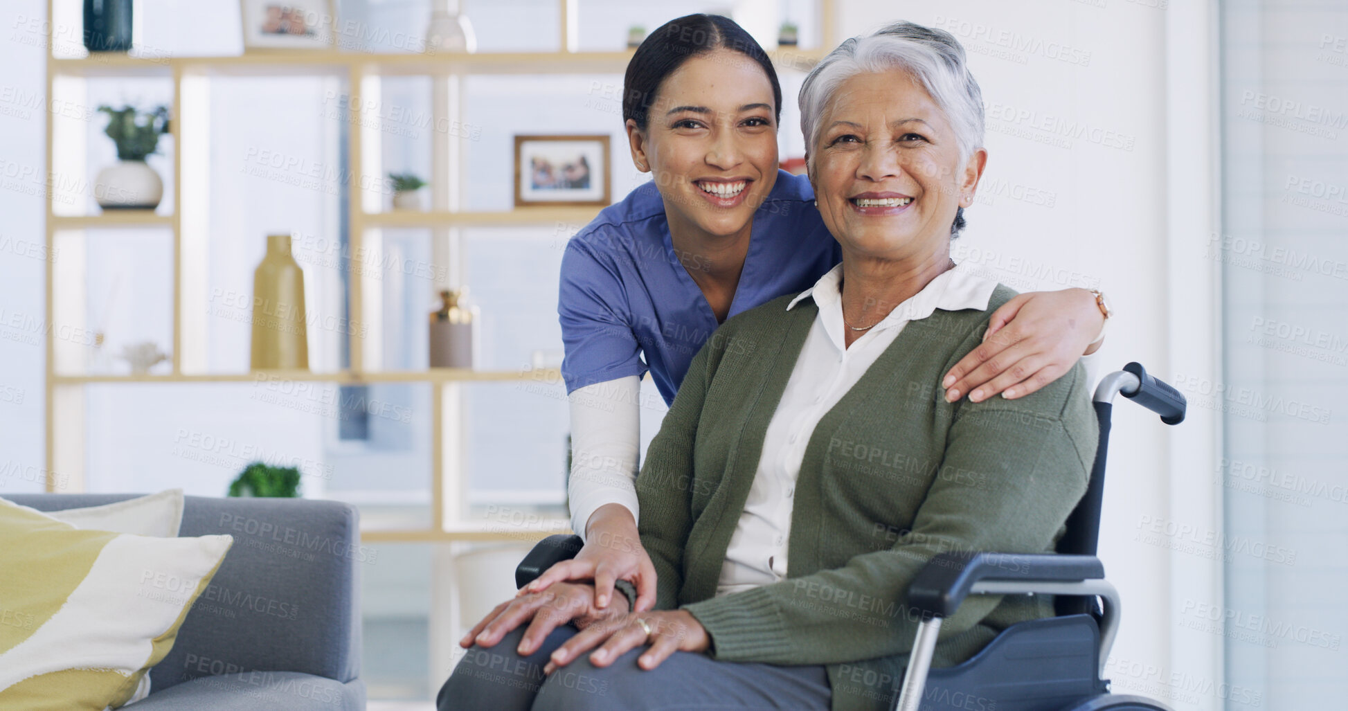 Buy stock photo Portrait, caregiver and old woman in wheelchair at house for assistance, medical advice and homecare. Happy, nurse and senior person with disability of support, healthcare services and wellness trust