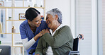 Caregiver, old woman and laugh in wheelchair at house for assistance, medical advice and homecare. Happy, nurse and senior person with disability of support, healthcare trust and patient consultation