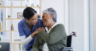 Buy stock photo Caregiver, old woman and laugh in wheelchair at house for assistance, medical advice and homecare. Happy, nurse and senior person with disability of support, healthcare trust and patient consultation