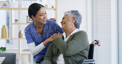 Buy stock photo Smile, caregiver and old woman in wheelchair at house for assistance, medical advice and homecare. Happy, nurse and senior person with disability of support, healthcare trust and patient consultation