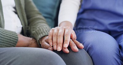 Buy stock photo Senior care, holding hands and caregiver in nursing home, compassion and medical assistance or help. Nurse, kindness and support for elderly patient with illness, people and empathy for healthcare