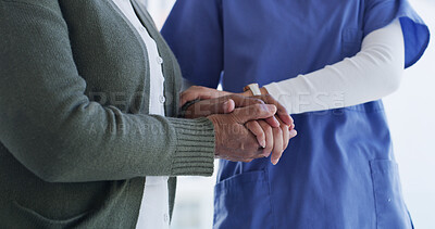 Buy stock photo People, holding hands and caregiver in nursing home, healthcare and medical assistance or compassion. Nurse, kindness and support for elderly patient with illness, helping and empathy for senior care