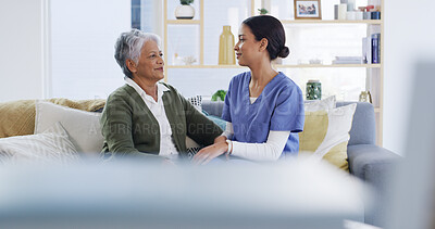 Buy stock photo Happy nurse, healthcare and senior woman in home for medical wellness, talk or homecare. Smile, caregiver and conversation with elderly patient for good news, diagnosis or help with assisted living