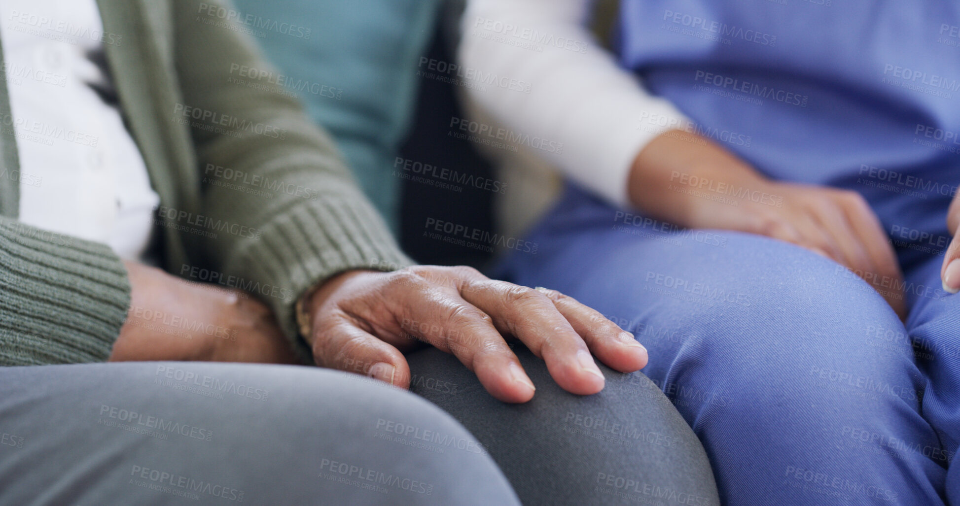 Buy stock photo Hands, mature patient and nurse for healthcare, discussion and support for arthritis. People, senior man and person with caregiver for helping, diagnosis and injury advice for retirement in clinic