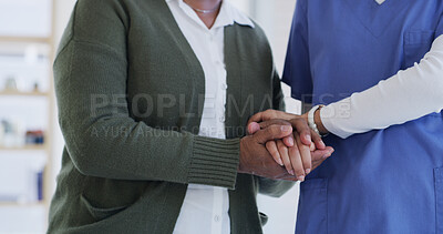 Buy stock photo Holding hands, mature patient and nurse for healthcare, comfort and support for arthritis. People, senior woman and caregiver with kindness for helping, diagnosis and empathy for retirement in clinic
