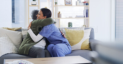 Buy stock photo Senior woman, nurse and hug in home for medical support, recovery progress or celebration. Happy, elderly patient and caregiver with embrace on sofa for health treatment success, good news or checkup