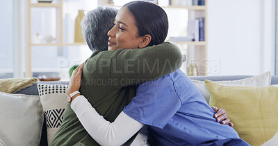 Buy stock photo Senior patient, nurse and hug on sofa for healthcare support, treatment success and recovery. Happy, old woman and caregiver with embrace in home for medical service, good news and health celebration