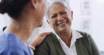 Buy stock photo Caregiver, console and senior woman at house for consultation, assistance and medical results. Nurse, support and elderly person with healthcare advice, helping hand and patient diagnosis at homecare