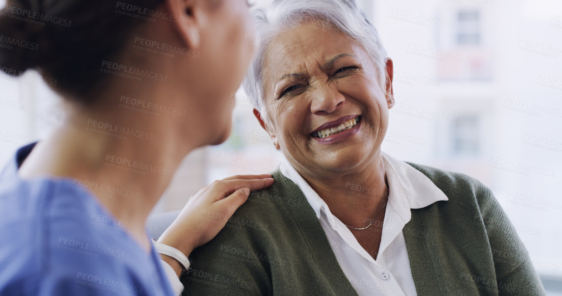 Buy stock photo Caregiver, console and senior woman at house for consultation, assistance and medical results. Nurse, support and elderly person with healthcare advice, helping hand and patient diagnosis at homecare