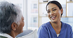 Happy nurse, home and laugh with elderly woman for healthcare, medical joke and homecare. Retirement, caregiver and funny conversation with senior patient for news, talking and assisted living