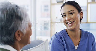 Buy stock photo Happy nurse, home and laugh with elderly woman for healthcare, medical joke and homecare. Retirement, caregiver and funny conversation with senior patient for news, talking and assisted living