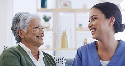 Buy stock photo Laughing, nurse and relax with old woman on sofa for support, occupational therapist and medical. Healthcare advice, funny and senior patient with caregiver in nursing home for consulting and joke