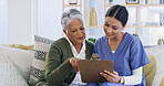 Clipboard, nurse and planning with old woman on sofa for evaluation, treatment progress and medical. Healthcare advice, medicine schedule and checkup list with people in nursing home as caregiver