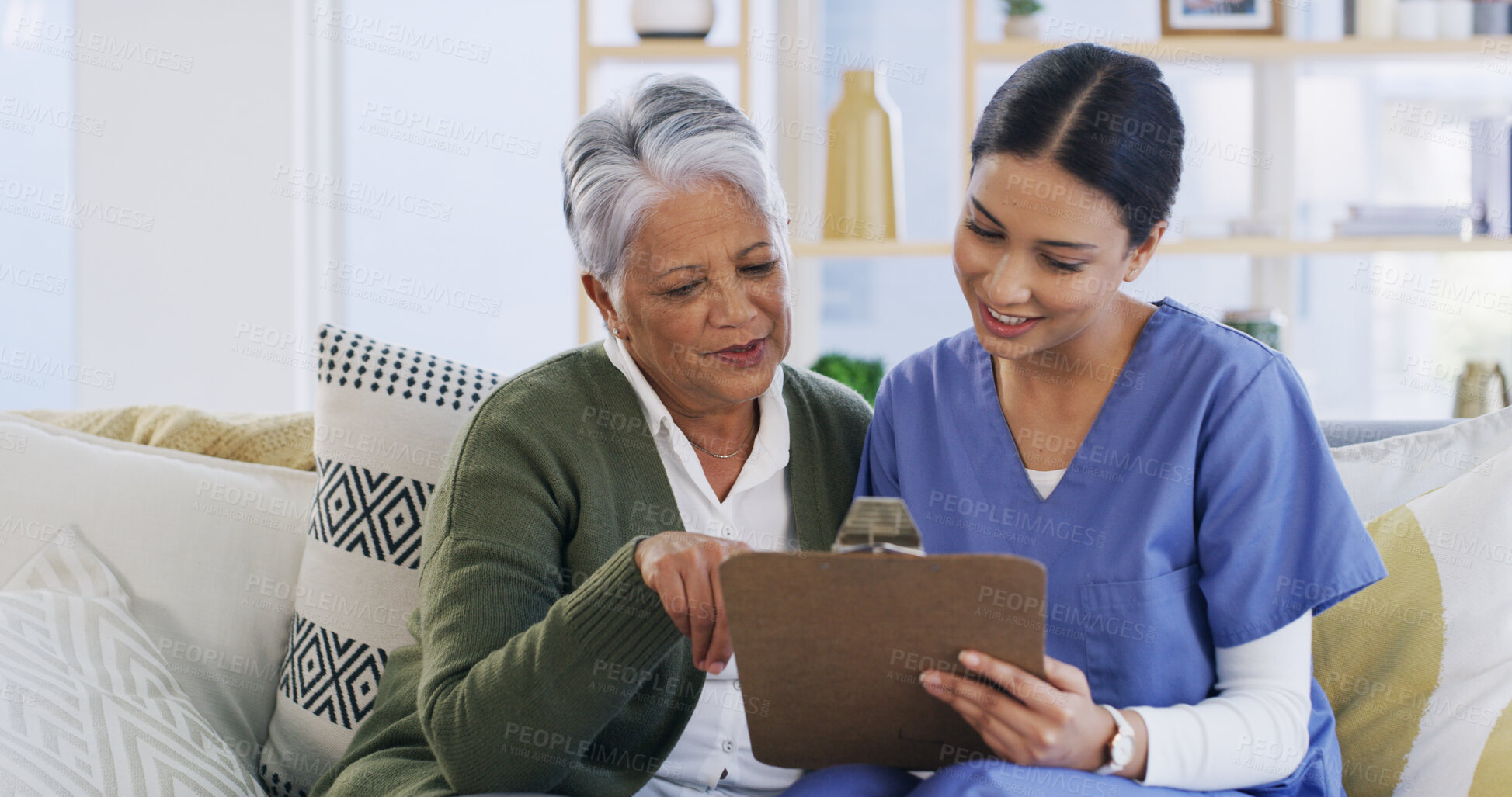 Buy stock photo Clipboard, nurse and planning with old woman on sofa for evaluation, treatment progress and medical. Healthcare advice, medicine schedule and checkup list with people in nursing home as caregiver